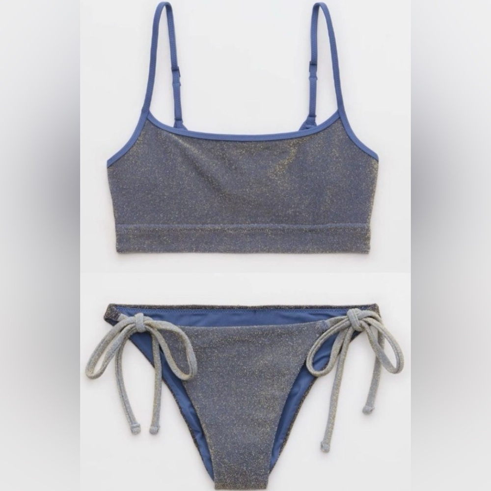 NWT Aerie FULL SET Sparkle Straight Scoop Top + Cheekiest Tie Bottom Blue